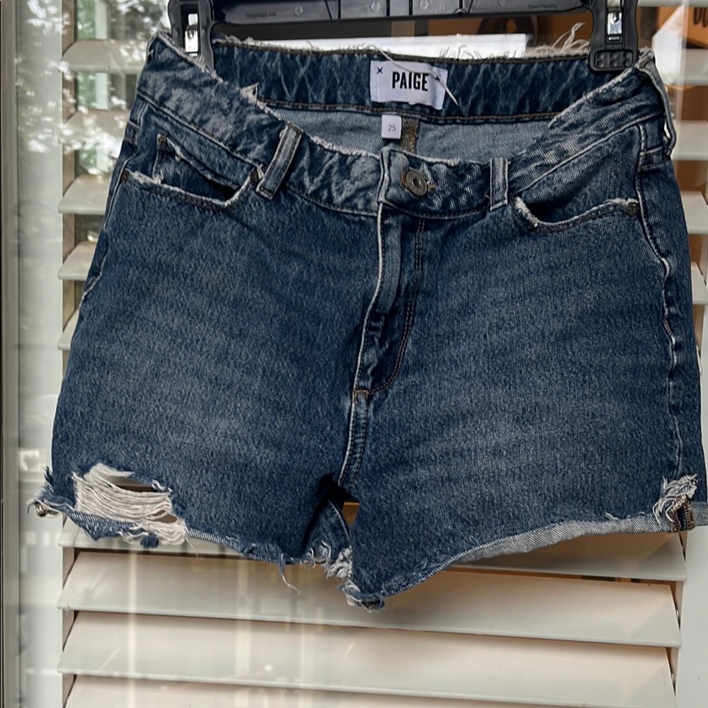 PAIGE Blue Distressed Jean Shorts High-Rise